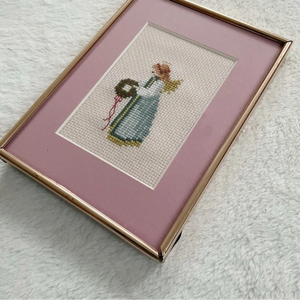 1987 Told in a Garden Christmas Angel Cross Stitch, Framed 5x7 Art Vintage